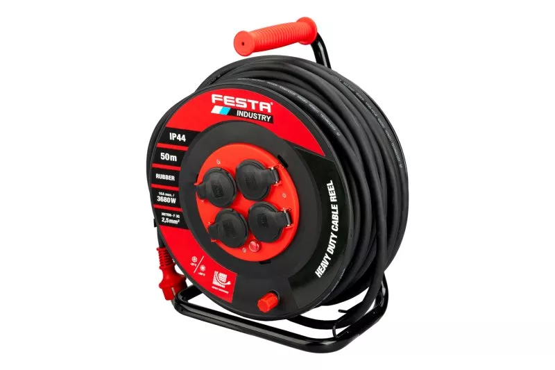 Kabel prodlužovací na bubnu venkovní FESTA INDUSTRY 3x2.5mm 50m 230V max 3680W 4 zásuvky guma-neopren IP44